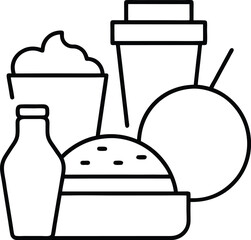 Black outline illustration of fast food items and drink burger french fries