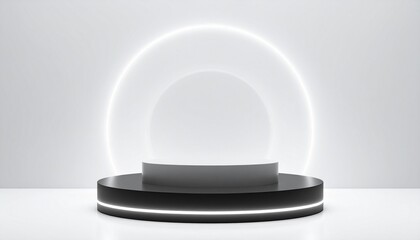 Futuristic display pedestal, glowing blue ring, transparent circular panel, minimalistic design, white geometric background, high-tech presentation stand, sleek modern aesthetics, product showcase con