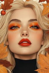 Young woman with blonde hair surrounded by autumn leaves, showcasing natural beauty and soft features, capturing the essence of seasonal change and tranquility in a serene outdoor setting