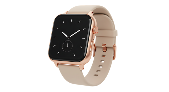 Elegant rose gold smartwatch with a light beige leather strap displayed isolated on white background