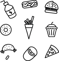 Hand drawn black and white icons of fast food and drinks food icons drink icons