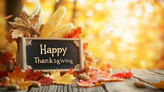 Thanksgiving Greeting with Autumn Leaves and Corn