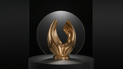 Golden abstract sculpture on black background with circular element and modern minimalist design for contemporary art and interior dcor concepts