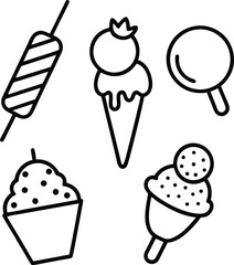Hand drawn black and white icons of sweets and treats candy ice cream