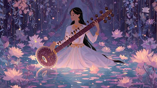 Ethereal Goddess Playing Sitar Amidst Lotus Blossoms