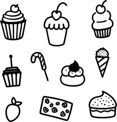 Whimsical hand drawn black and white dessert icons on white background cupcake muffin