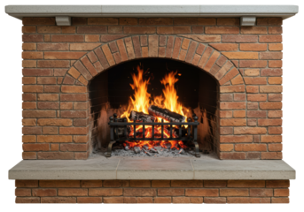 Isolated brick fireplace, hearth and firebox with burning logs and glowing embers in grate