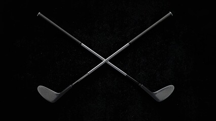 Crossed golf clubs isolated on black background highlighting modern sports equipment and athletic lifestyle trends