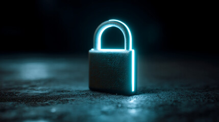 A glowing padlock sitting on a dark surface with a black background behind it