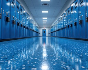 A long school hallway lined with blue lockers
