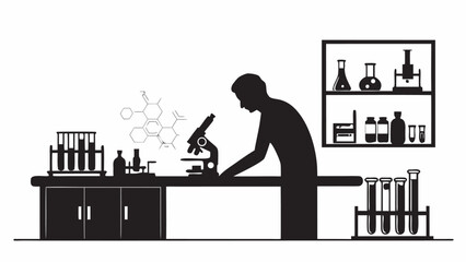 Silhouette of scientist working in laboratory with microscope and glassware on shelves and table top setup | editable eps vectors