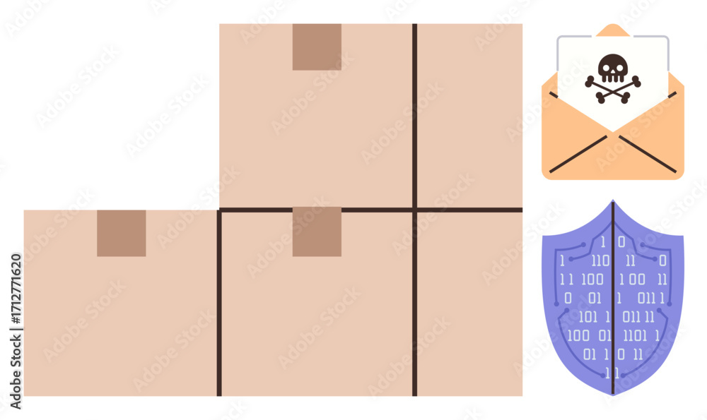 Poster cardboard boxes stacked for shipment, an envelope with malware notification, and a shield with binar