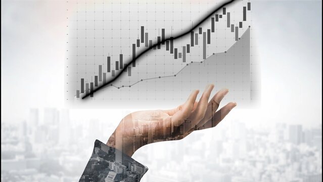 A creative representation of a hand showcasing a rising financial chart against a soft-focus city background, illustrating the concepts of growth and economic success. Copula - Powered by Adobe