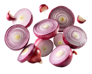 Several red onions cut in half and quartered isolated on transparent background