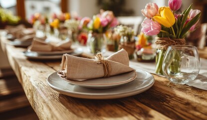 Naklejka premium Springtime dining table, adorned with pastel flowers and linen napkins