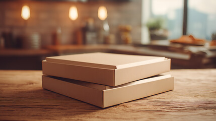 Kraft Pizza Box Mockup Stacked on Rustic Wooden Table in Kitchen