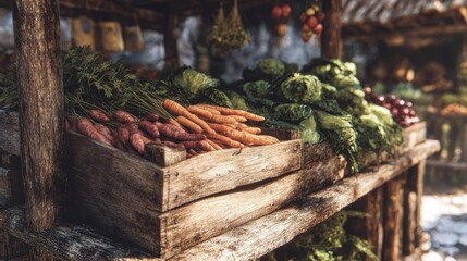 Wooden Crate Display of Fresh Carrots, Cabbage, and Other Produce at a Rustic Market Stall
