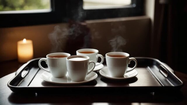 Three cups of coffee sitting on a tray