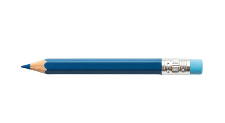Isolated blue pencil with eraser, close up studio shot, learning tool, stationery supply