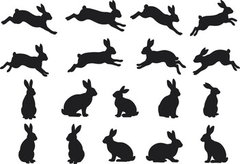 Black rabbit silhouette illustration set, animal vector design, bunny poses collection, wildlife art icons, leaping, running, sitting, crouching, lying down