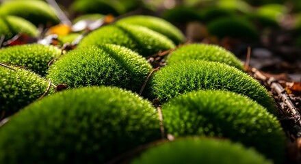 Vibrant Green Moss Clumps in a Forest Macro View.