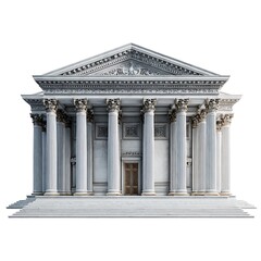 Obraz premium Majestic neoclassical building facade with columns and pediment representing justice and law isolated on white background