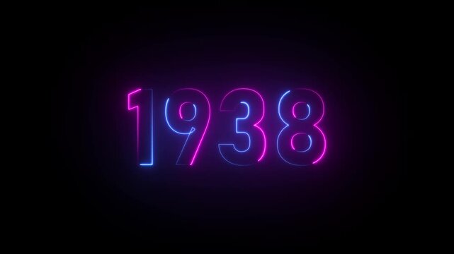 Neon sign displaying the year 1938 in blue and pink glowing letters on a black background number