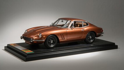 Obraz premium Classic brown vintage sports car on display stand with black wheels and tan interior under studio lighting