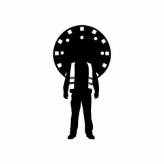 Silhouette of construction worker with safety vest in front of tunnel boring machine isolated on white background