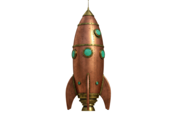 Isolated Steampunk copper rocket ship with portholes against seamless background