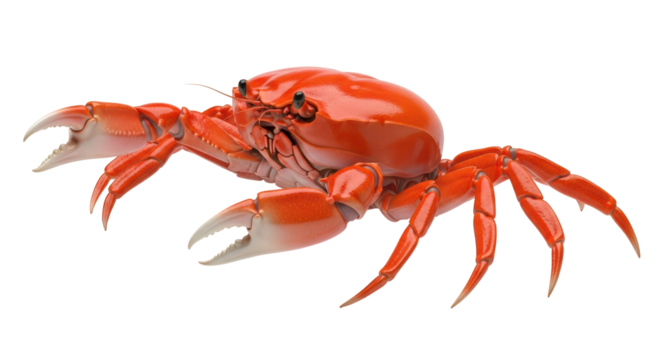 Isolated red crab with claws open in a defensive position, ready to defend itself