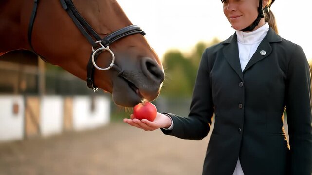 A person in riding attire offers a shiny red apple to a brown horse. The horse's head is lowered towards the apple in a stable, bright setting.