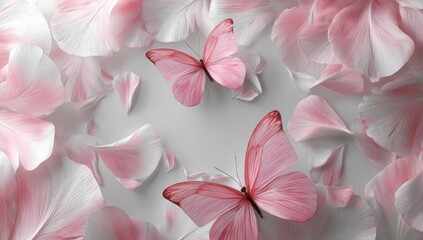 Delicate pink butterflies amidst soft, scattered flower petals