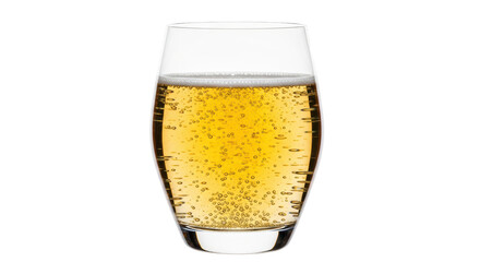 Isolated pint of sparkling golden beer with visible bubbles and foamy head fills tall glass
