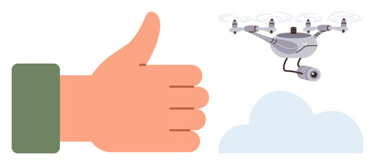 Obraz premium Hand giving a thumbs-up beside a flying quadcopter with camera over a soft cloud. Ideal for technology, approval, innovation, surveillance, modern gadgets, robotics, futuristic themes. Clean flat