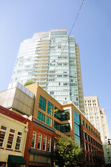 View of new and historic buildings from Parrish St in downtown Durham, North Carolina