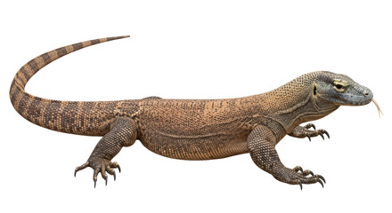 Isolated Komodo dragon with forked tongue out, scaly skin, lizard-like reptile, predator