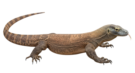 Isolated Komodo dragon with forked tongue out, scaly skin, lizard-like reptile, predator