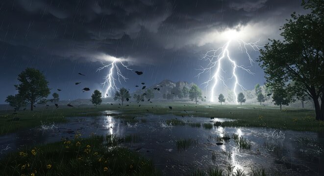 Dramatic lightning illuminates a meadow flooded with rain, highlighting the power of a stormy night. - Powered by Adobe