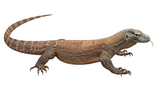 Isolated Komodo dragon with forked tongue out, scaly skin, lizard-like reptile, predator
