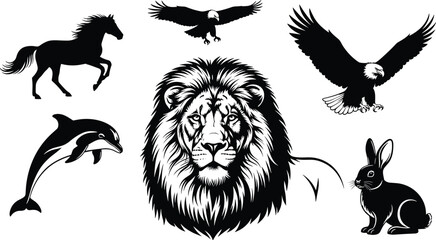 Black and white animal illustration set featuring lion, horse, eagle, dolphin, and rabbit from diverse habitats in detailed artistic style