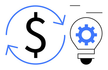 Dollar sign encircled by arrows alongside a light bulb with a gear inside, symbolizing innovation, economic growth, business strategies, creative financial solutions, entrepreneurial ideas. Ideal