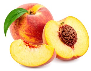 Ripe peach halves and whole fruit