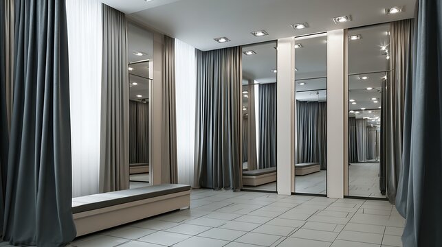High quality image of spacious fitting room with mirrors and curtains in a clothing store.