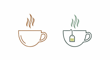 Obraz premium Two outline cups on a one with brown steam, the other with green tea bag steam