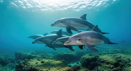 Obraz premium A Pod of Dolphins Swimming Gracefully Through Clear Blue Ocean Waters