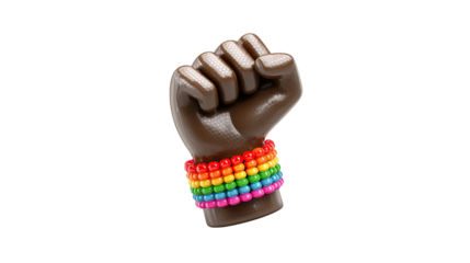 3D render of African American fist with colorful LGBTQ pride bracelet icon on white background
