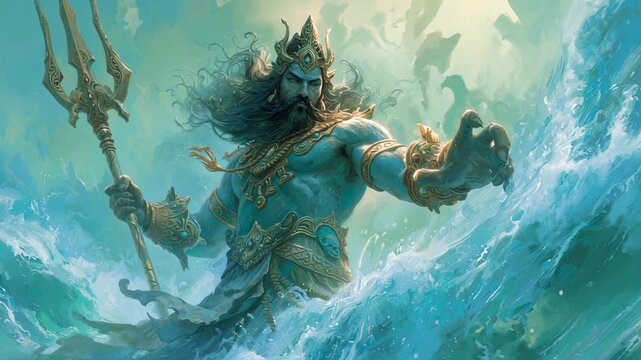 Close-Up of Lord Varuna Spiritual Ocean Figure with Ethereal Glow