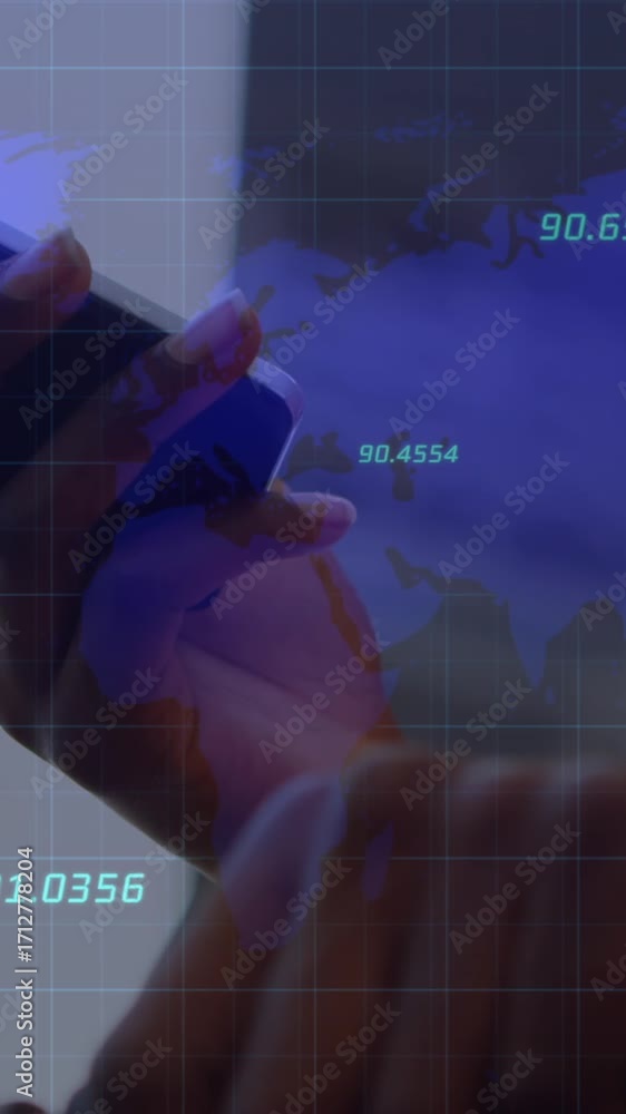 Poster Animation of world map and data processing over businesswoman using smartphone