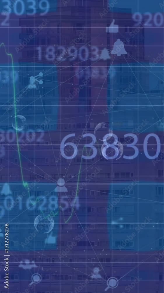 Poster animation of data processing and cityscape on black background